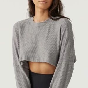 Joah Brown Slouchy Long Sleeve Crop Top Sweater Pullover One Size